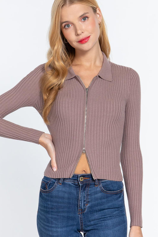 Notched Collar Zippered Sweater | Mixtshop LLC