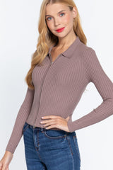 Notched Collar Zippered Sweater | Mixtshop LLC