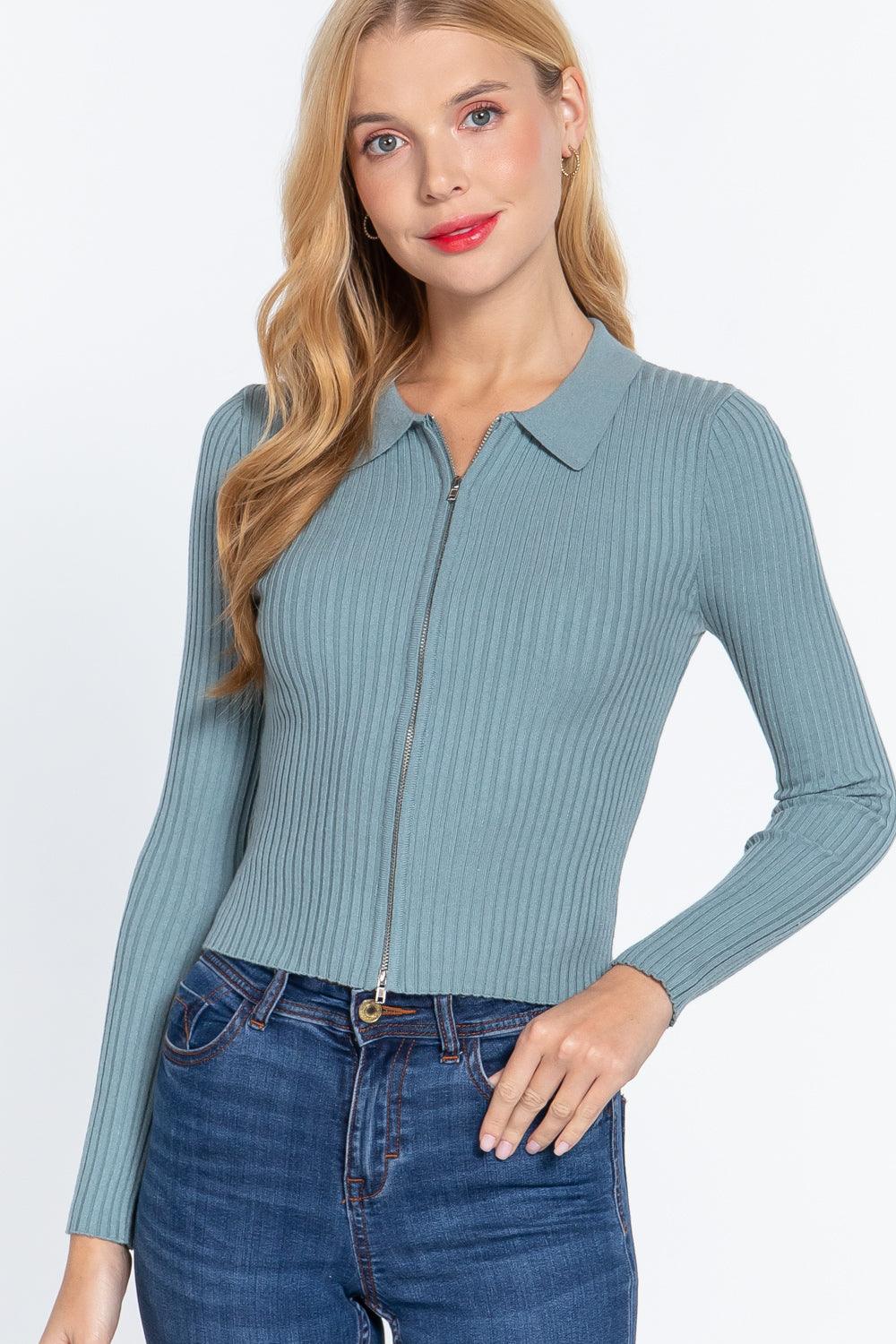 Notched Collar Zippered Sweater | Mixtshop LLC