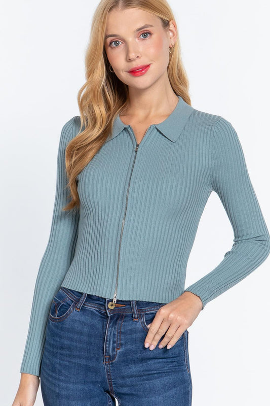 Notched Collar Zippered Sweater | Mixtshop LLC