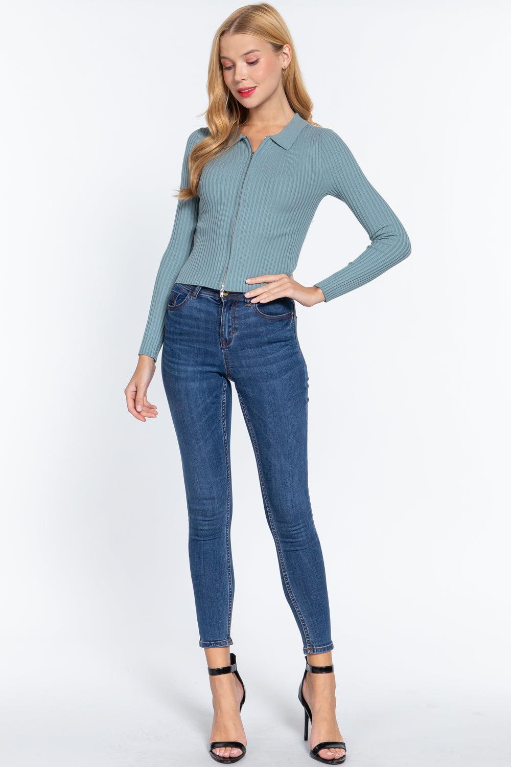 Notched Collar Zippered Sweater | Mixtshop LLC