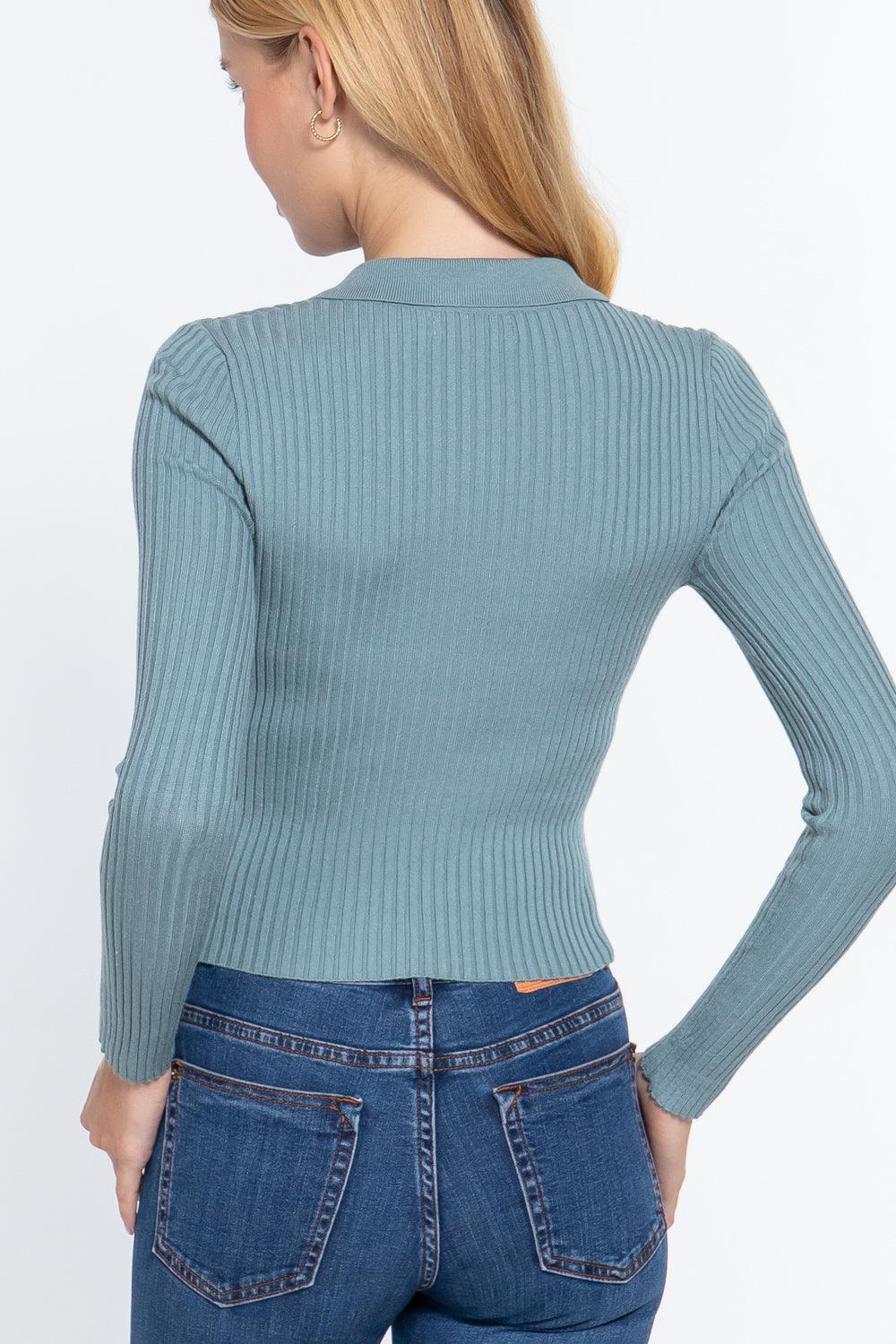 Notched Collar Zippered Sweater | Mixtshop LLC