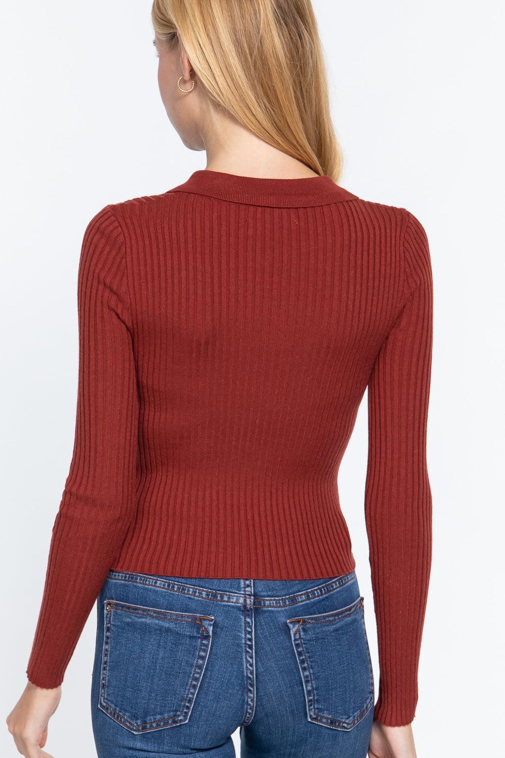 Notched Collar Zippered Sweater | Mixtshop LLC