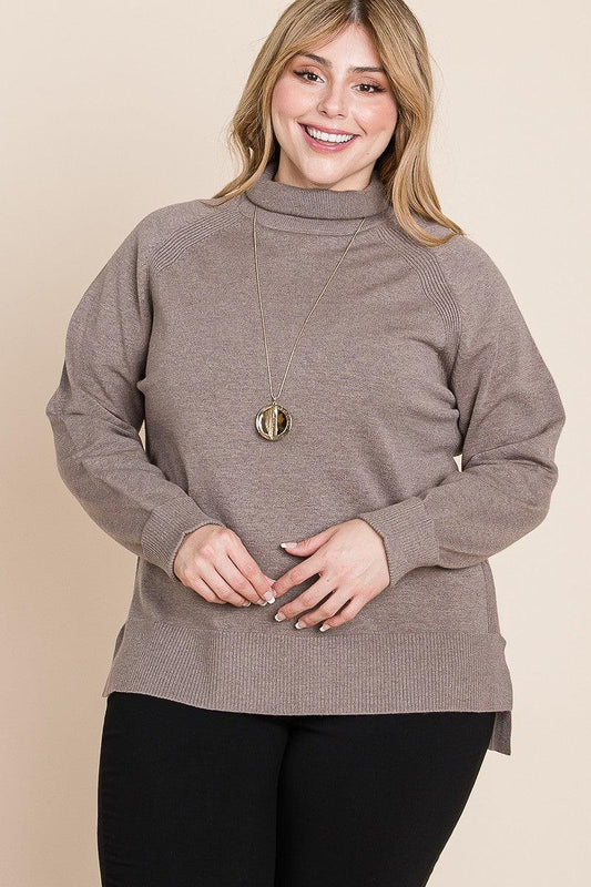 Plus Size High Quality Buttery Soft Solid Knit Turtleneck Two Tone High Low Hem Sweater | Mixtshop LLC