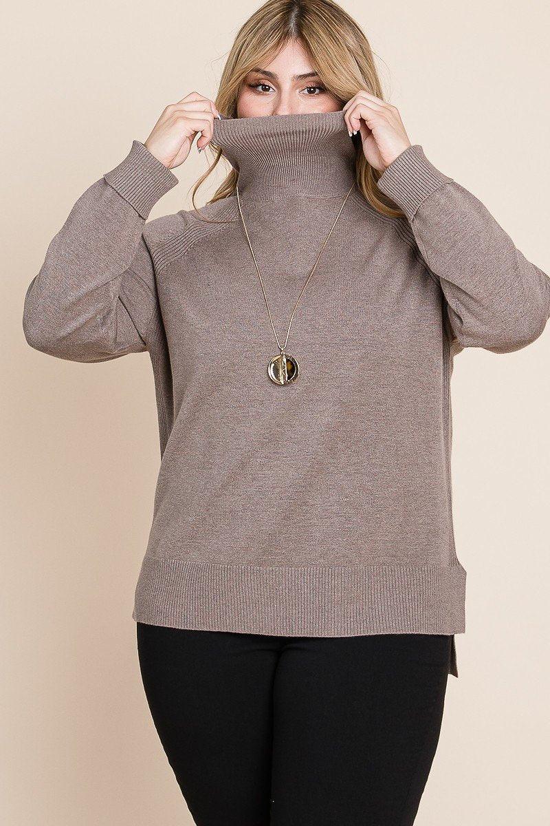 Plus Size High Quality Buttery Soft Solid Knit Turtleneck Two Tone High Low Hem Sweater | Mixtshop LLC