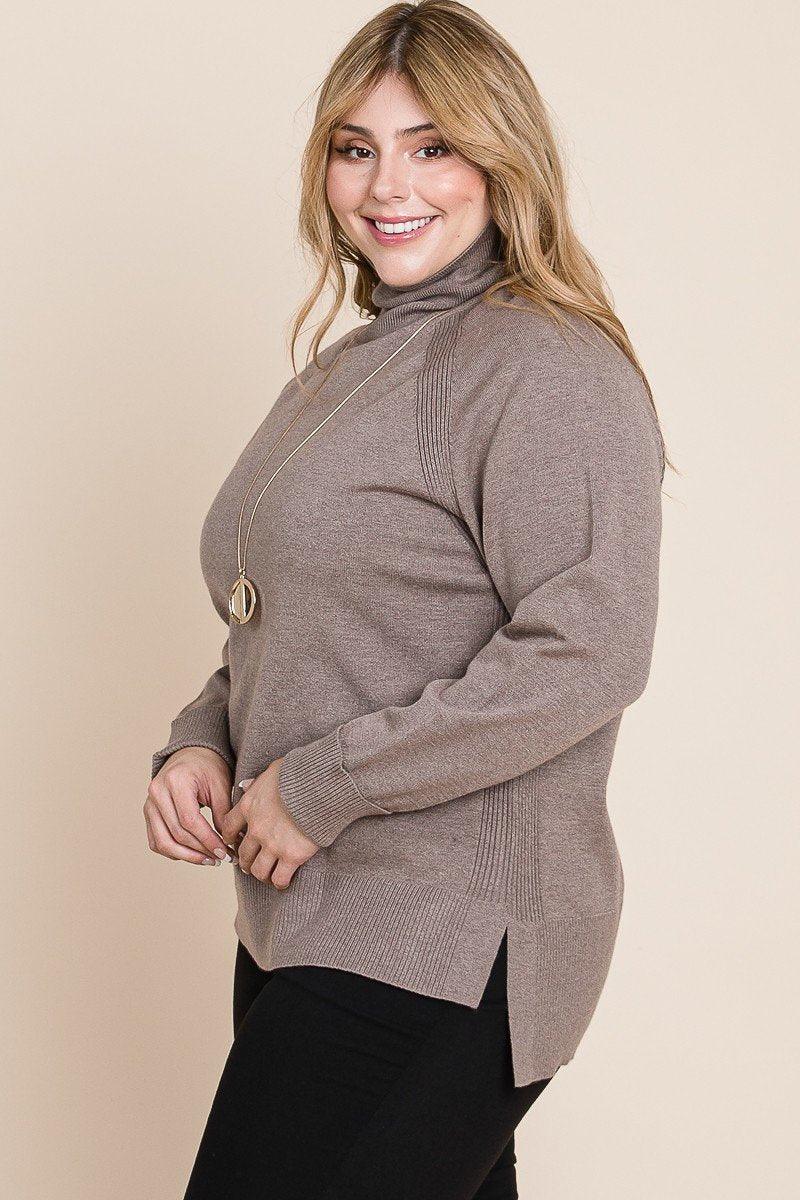 Plus Size High Quality Buttery Soft Solid Knit Turtleneck Two Tone High Low Hem Sweater | Mixtshop LLC
