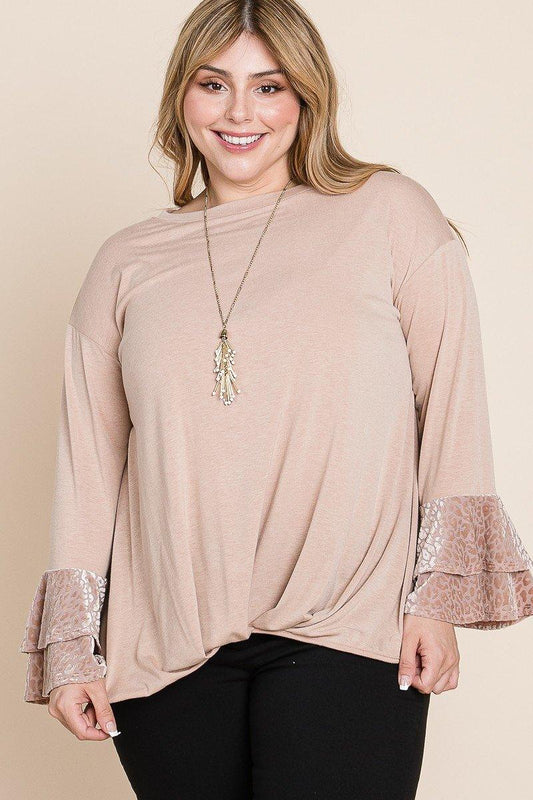 Plus Size Two Tier Velvet Animal Mesh Sleeves Solid Knit Top | Mixtshop LLC