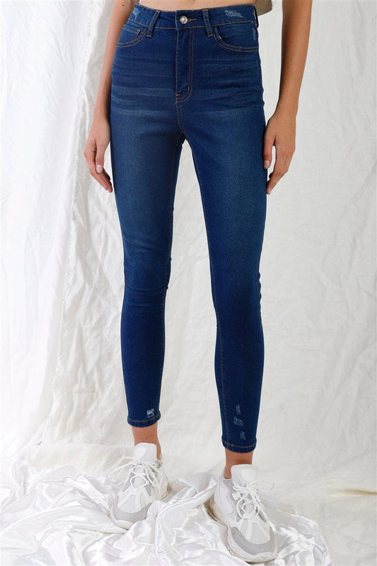Dark Blue High-waisted With Rips Skinny Denim Jeans | Mixtshop LLC