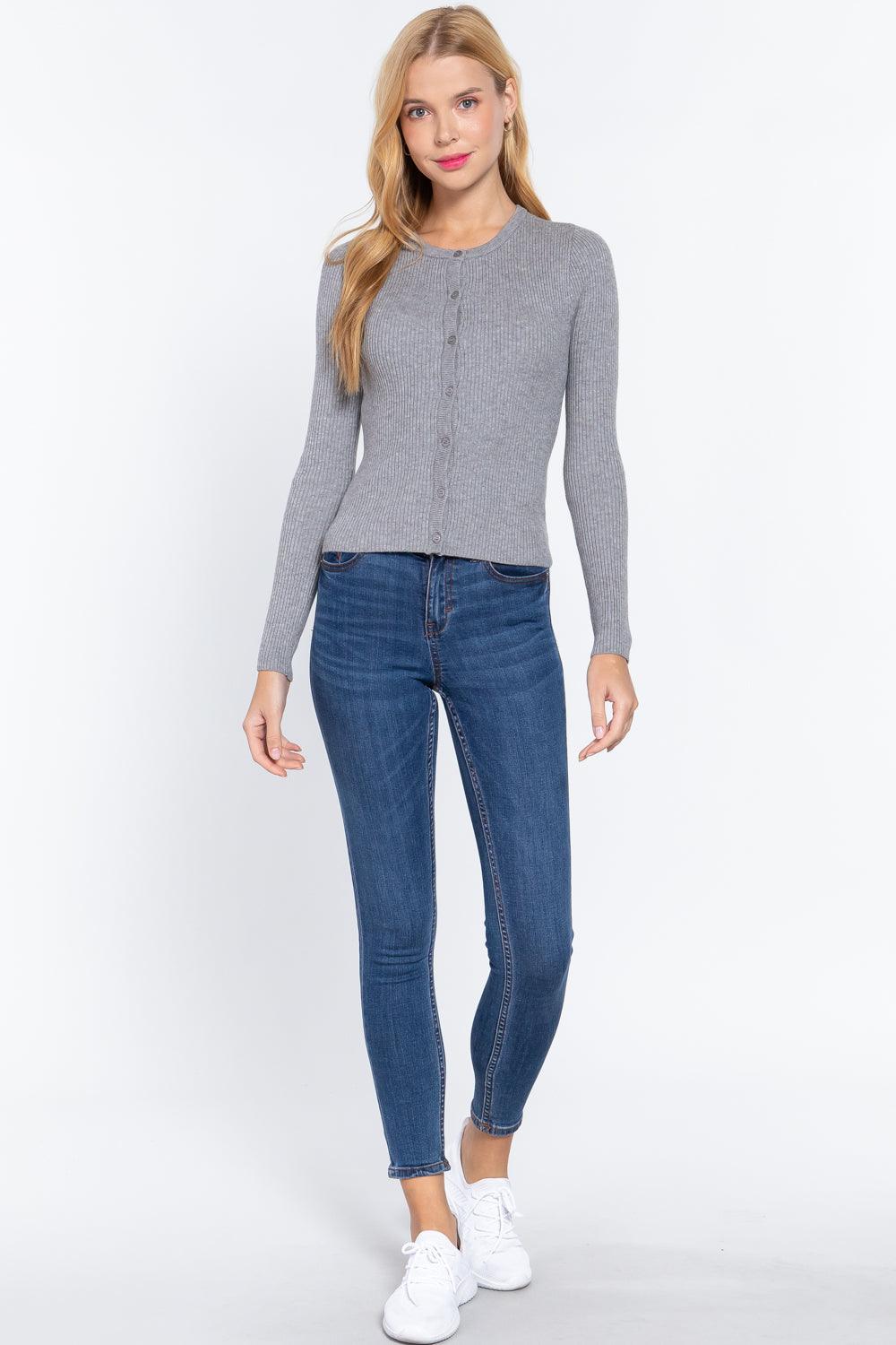 Long Slv Crew Neck Basic Cardigan | Mixtshop LLC