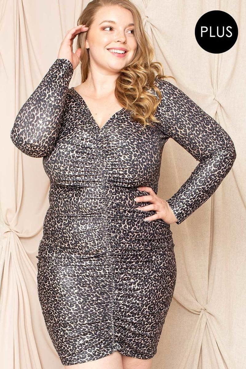 Leopard Print Shirring Plus Size Mini Dress | Mixtshop LLC