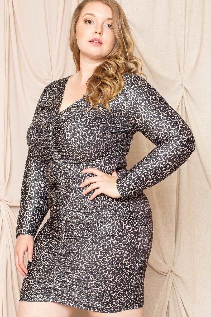Leopard Print Shirring Plus Size Mini Dress | Mixtshop LLC