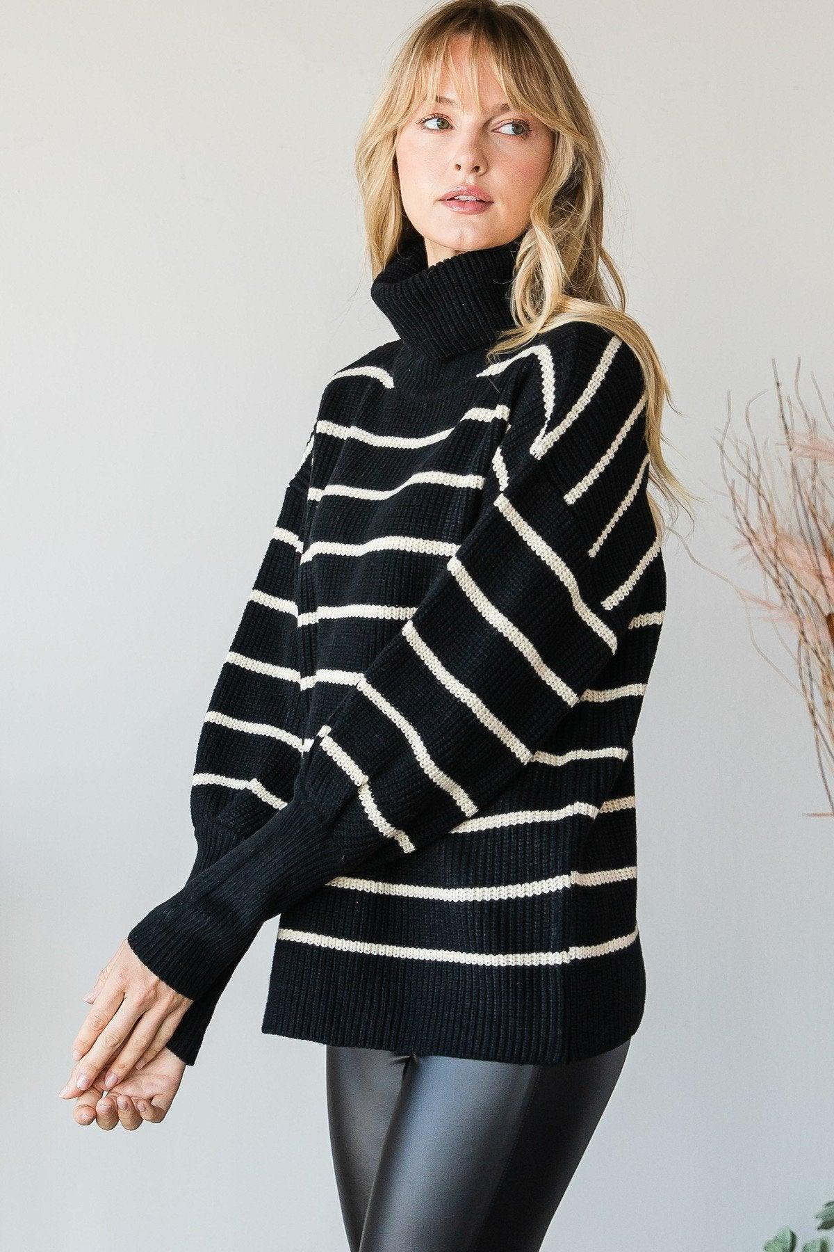 Heavy Knit Striped Turtle Neck Knit Sweater | Mixtshop LLC