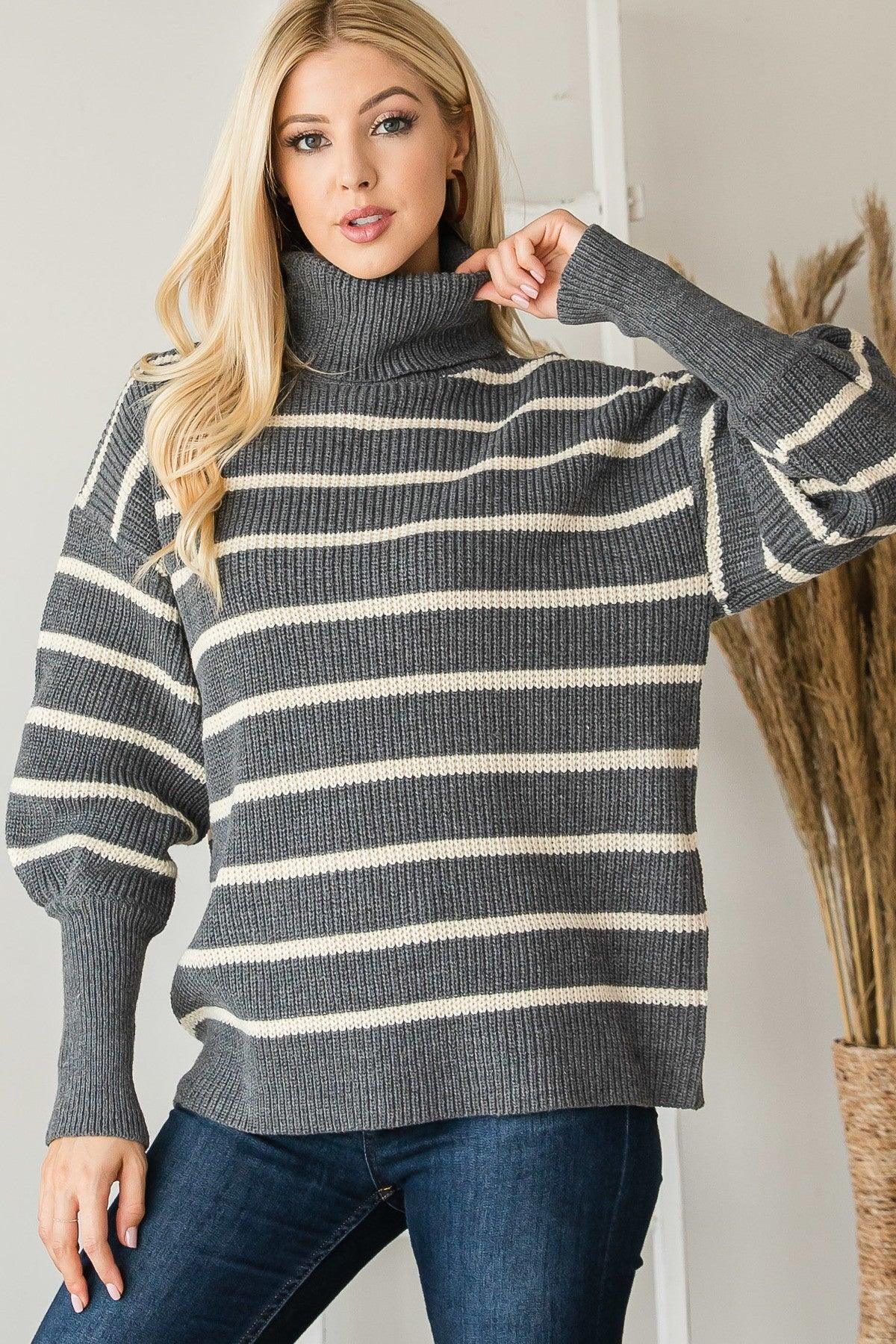 Heavy Knit Striped Turtle Neck Knit Sweater | Mixtshop LLC
