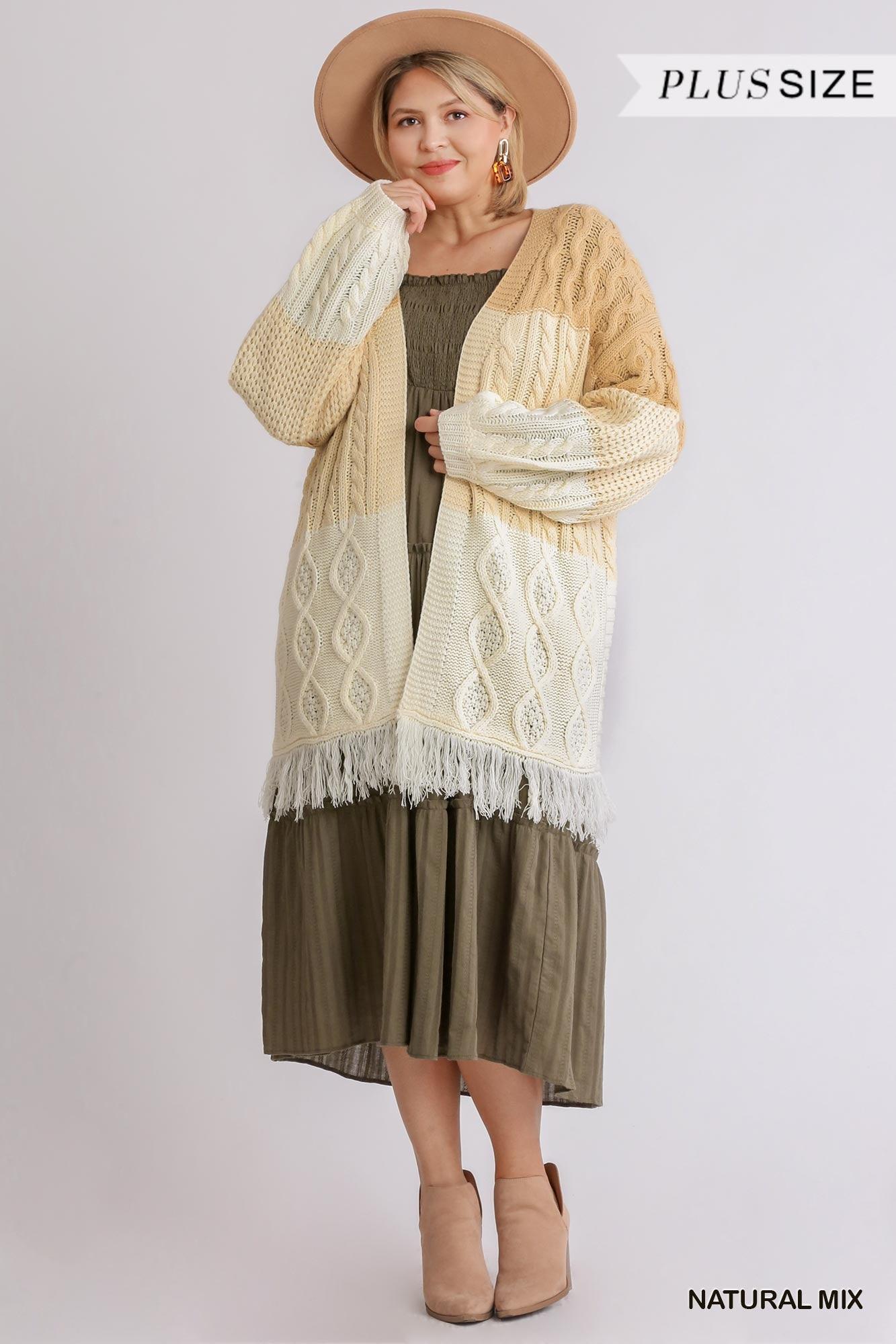 Patchwork Knitted Open Front Cardigan Sweater With Frayed Hem | Mixtshop LLC