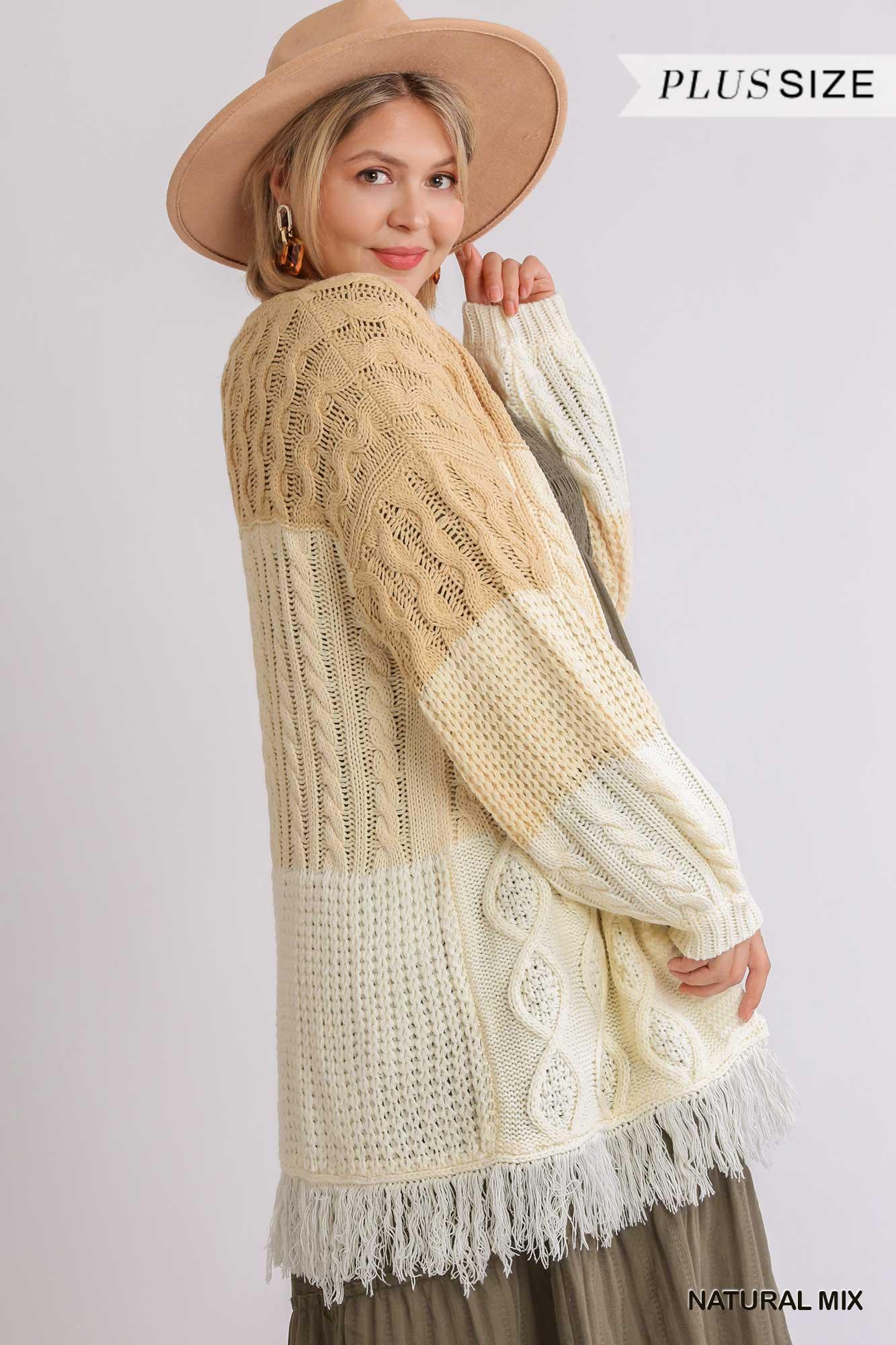 Patchwork Knitted Open Front Cardigan Sweater With Frayed Hem | Mixtshop LLC