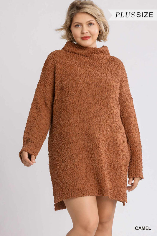 High Cowl Neck Bouclé Long Sleeve Sweater Dress | Mixtshop LLC