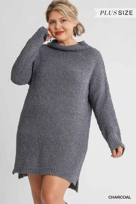 High Cowl Neck Bouclé Long Sleeve Sweater Dress | Mixtshop LLC