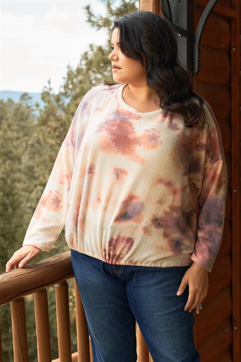 Plus Cream Rust Bleached Tie-dye Long Sleeve Drawstring Detail Relaxed Sweatshirt | Mixtshop LLC