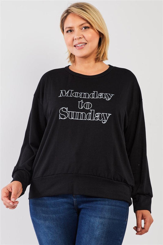 Black "monday Sunday" Print Long Sleeve Relaxed Sweatshirt Top | Mixtshop LLC