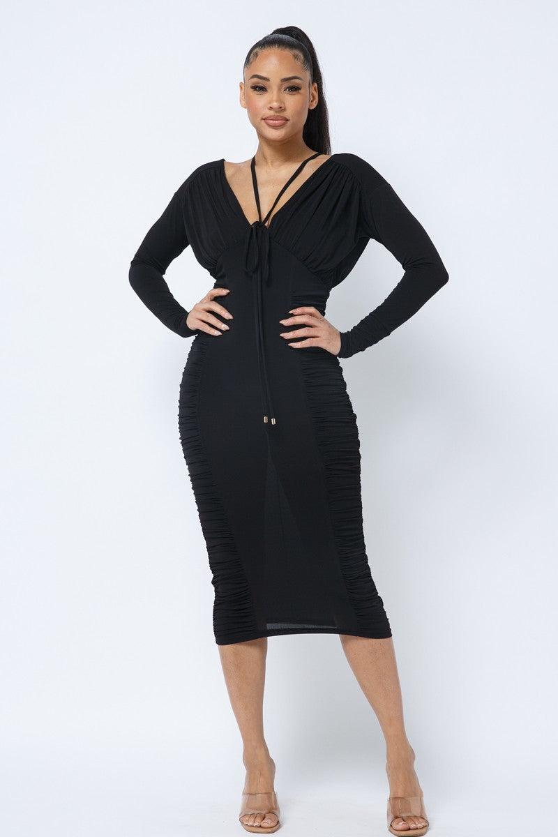 Long Sleeve Midi Dress With Low V Neck Front And Back With Ruching On Sides And Chest | Mixtshop LLC