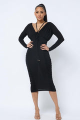 Long Sleeve Midi Dress With Low V Neck Front And Back With Ruching On Sides And Chest | Mixtshop LLC