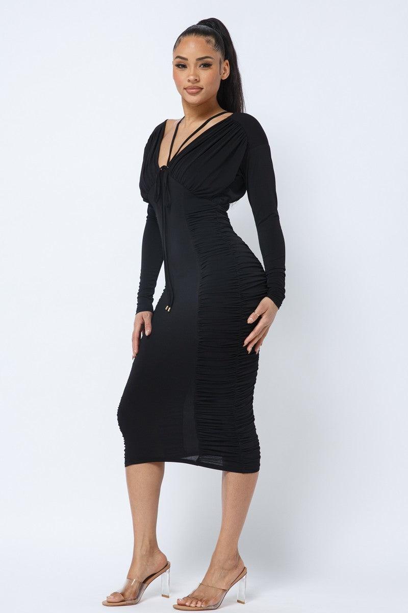 Long Sleeve Midi Dress With Low V Neck Front And Back With Ruching On Sides And Chest | Mixtshop LLC