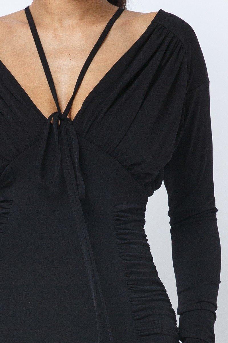 Long Sleeve Midi Dress With Low V Neck Front And Back With Ruching On Sides And Chest | Mixtshop LLC
