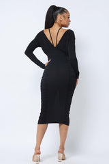 Long Sleeve Midi Dress With Low V Neck Front And Back With Ruching On Sides And Chest | Mixtshop LLC