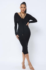 Long Sleeve Midi Dress With Low V Neck Front And Back With Ruching On Sides And Chest | Mixtshop LLC