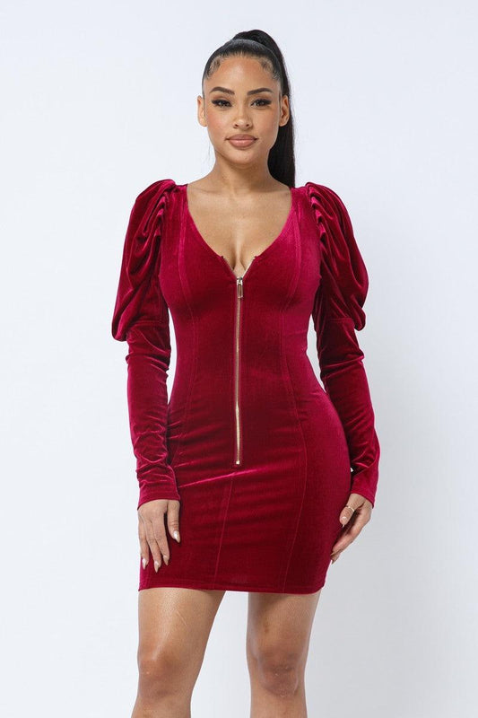 Soft Velvet Pleated Puff Sleeve Low V Neck Front And Back Mini Dress | Mixtshop LLC