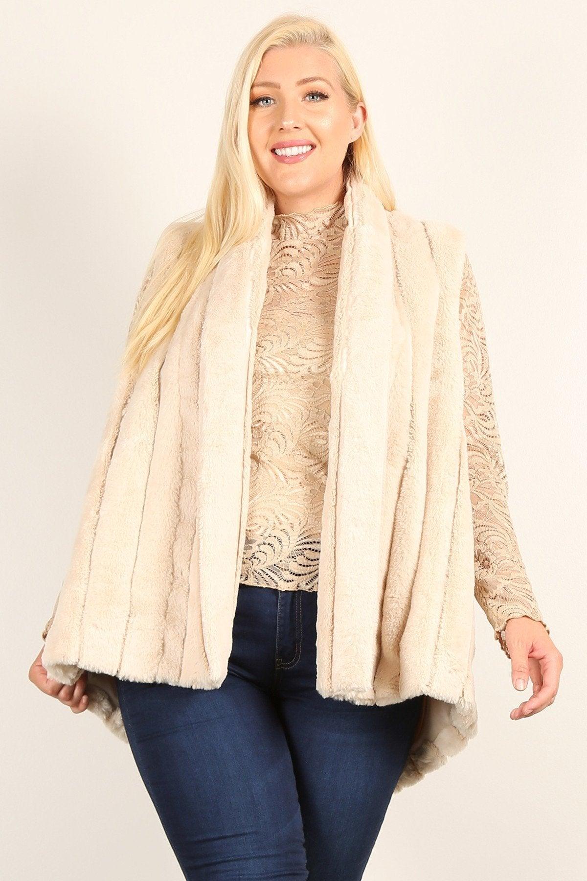 Plus Size Faux Fur Vest Jacket With Open Front, Hi-lo Hem, And Pockets | Mixtshop LLC