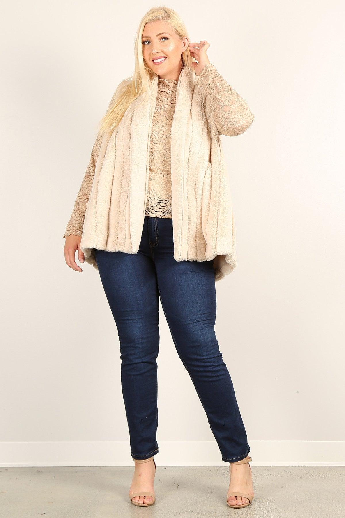 Plus Size Faux Fur Vest Jacket With Open Front, Hi-lo Hem, And Pockets | Mixtshop LLC