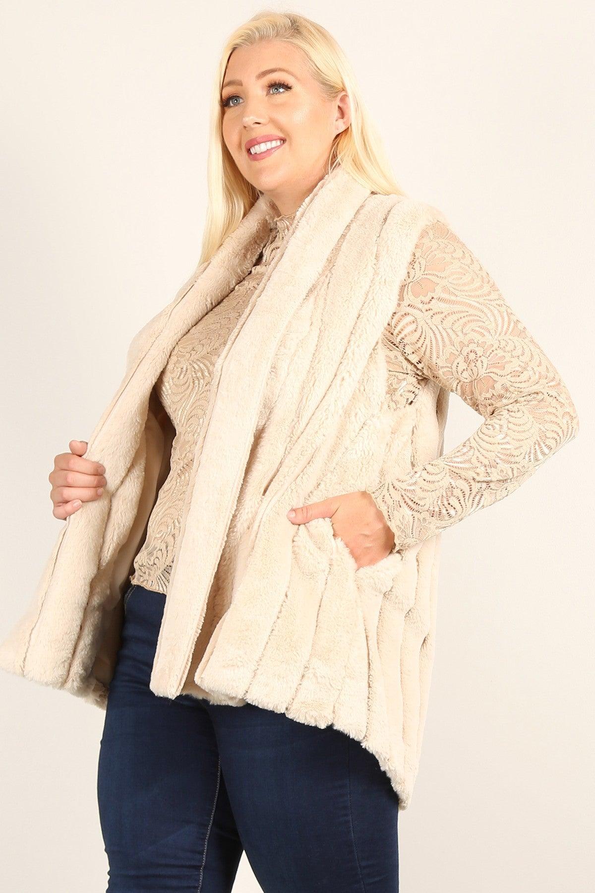Plus Size Faux Fur Vest Jacket With Open Front, Hi-lo Hem, And Pockets | Mixtshop LLC