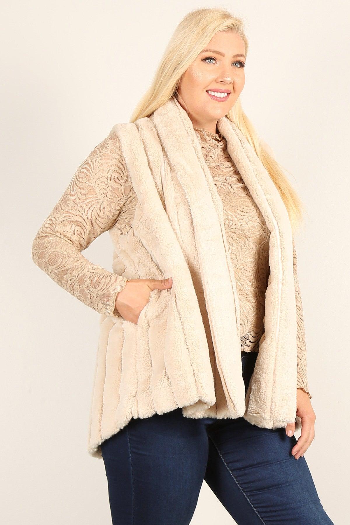 Plus Size Faux Fur Vest Jacket With Open Front, Hi-lo Hem, And Pockets | Mixtshop LLC