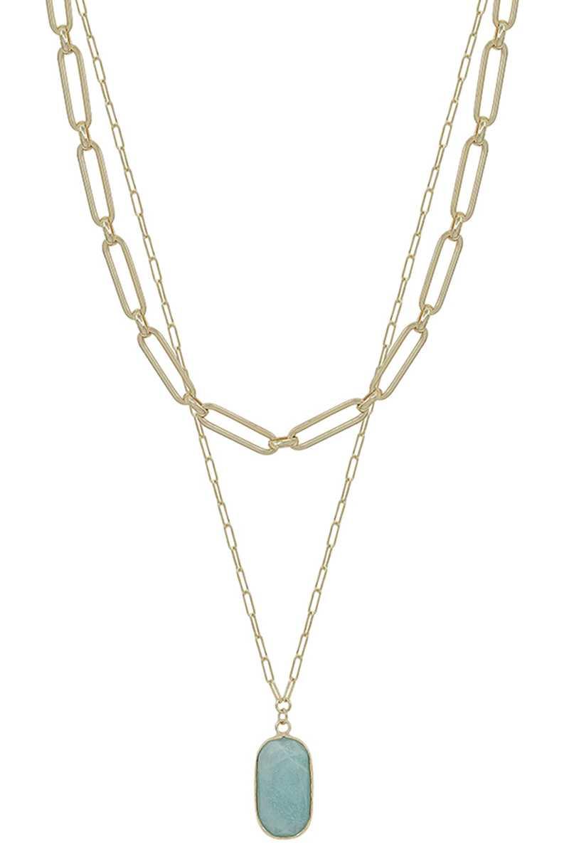 2 Layered Metal Chain Stone Pendant Necklace | Mixtshop LLC