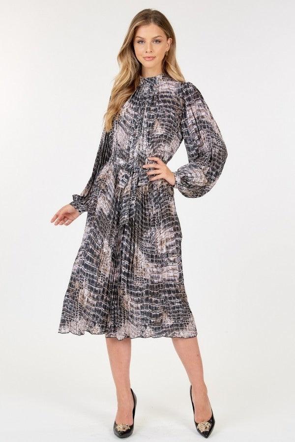 Long Sleeve Pleated Snake Skin Print Midi Dress | Mixtshop LLC