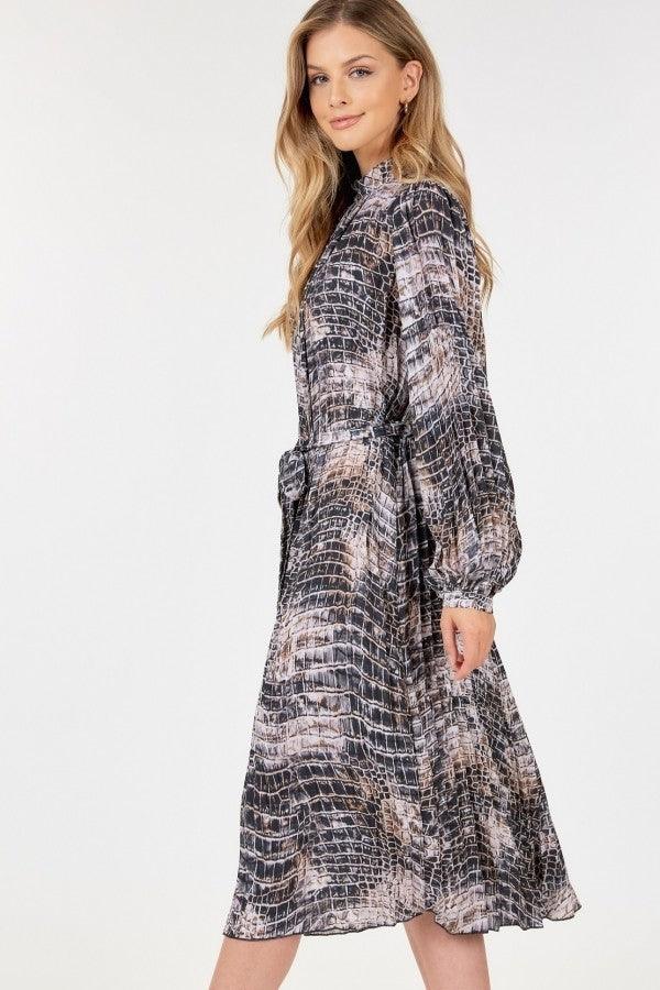 Long Sleeve Pleated Snake Skin Print Midi Dress | Mixtshop LLC