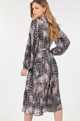 Long Sleeve Pleated Snake Skin Print Midi Dress | Mixtshop LLC