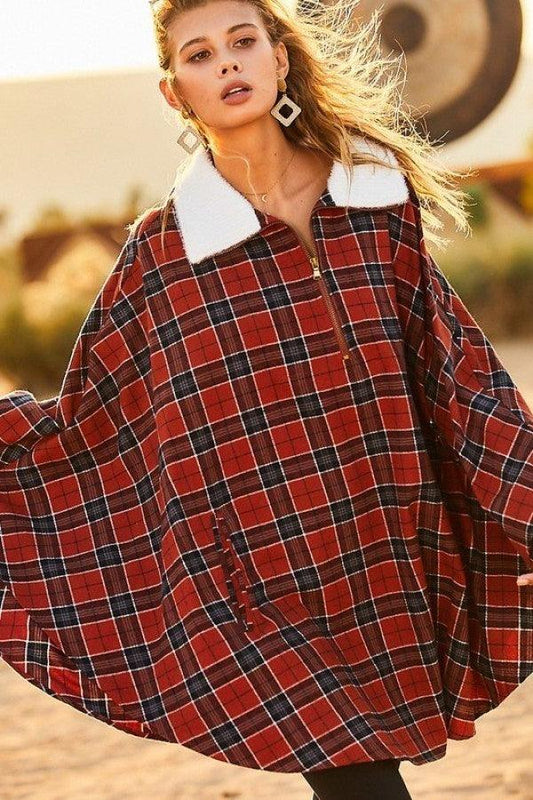 Mock Neck With Zipper Contrast Inside Front Pocket Plaid Poncho | Mixtshop LLC