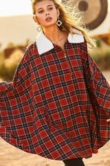 Mock Neck With Zipper Contrast Inside Front Pocket Plaid Poncho | Mixtshop LLC
