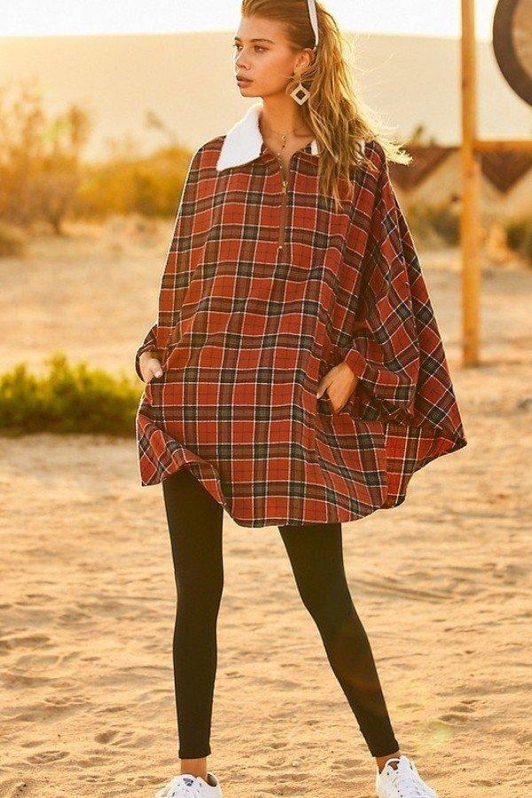 Mock Neck With Zipper Contrast Inside Front Pocket Plaid Poncho | Mixtshop LLC