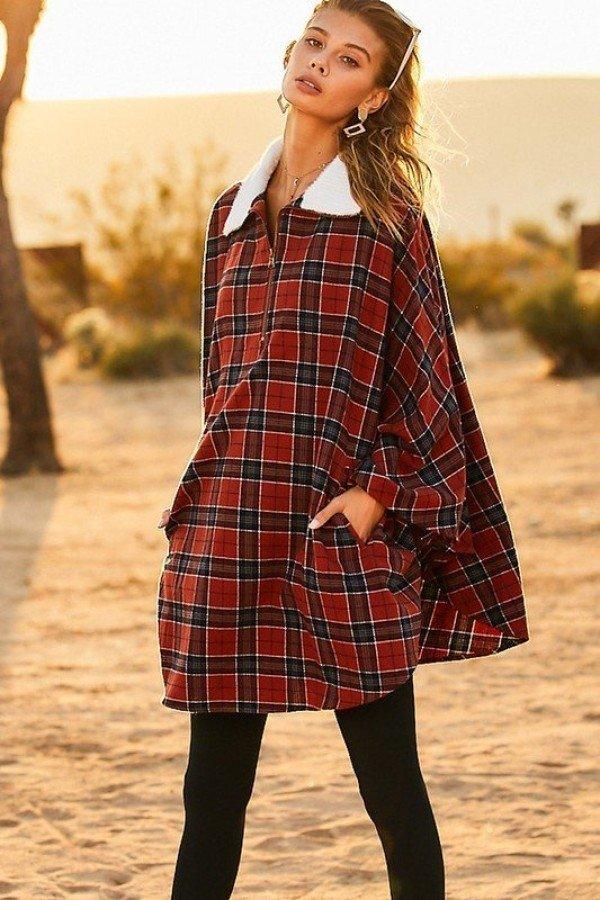 Mock Neck With Zipper Contrast Inside Front Pocket Plaid Poncho | Mixtshop LLC