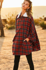 Mock Neck With Zipper Contrast Inside Front Pocket Plaid Poncho | Mixtshop LLC