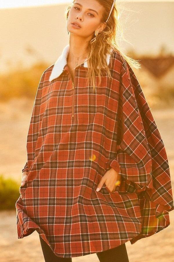 Mock Neck With Zipper Contrast Inside Front Pocket Plaid Poncho | Mixtshop LLC
