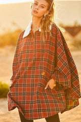 Mock Neck With Zipper Contrast Inside Front Pocket Plaid Poncho | Mixtshop LLC