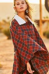 Mock Neck With Zipper Contrast Inside Front Pocket Plaid Poncho | Mixtshop LLC