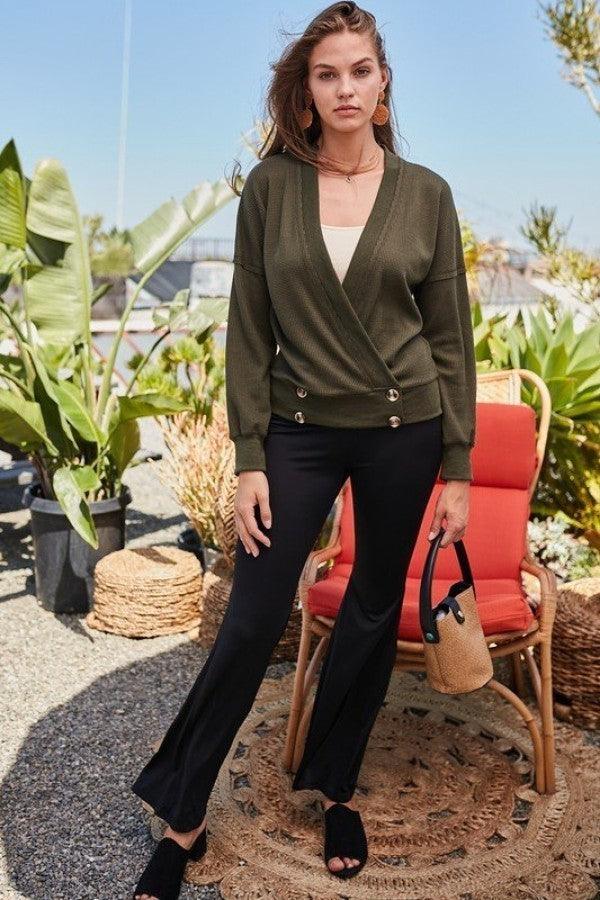 Overwrap Front Button Detail Long Sleeve Knit Top | Mixtshop LLC