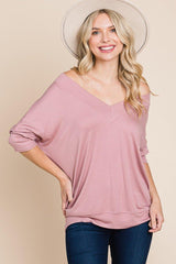 Solid Rib Modal Casual 3/4 Sleeves Dolman Sleeves Top | Mixtshop LLC