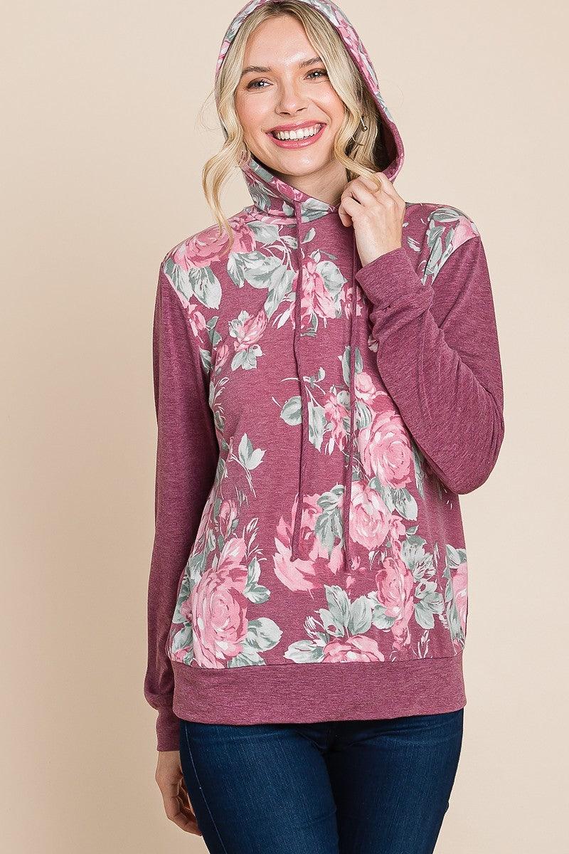 Floral Printed Contrast Hoodie With Relaxed Fit And Cuff Detail | Mixtshop LLC
