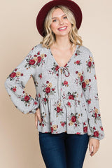 Floral Hacci Printed Babydoll Top With Elastic Cuff Sleeves | Mixtshop LLC